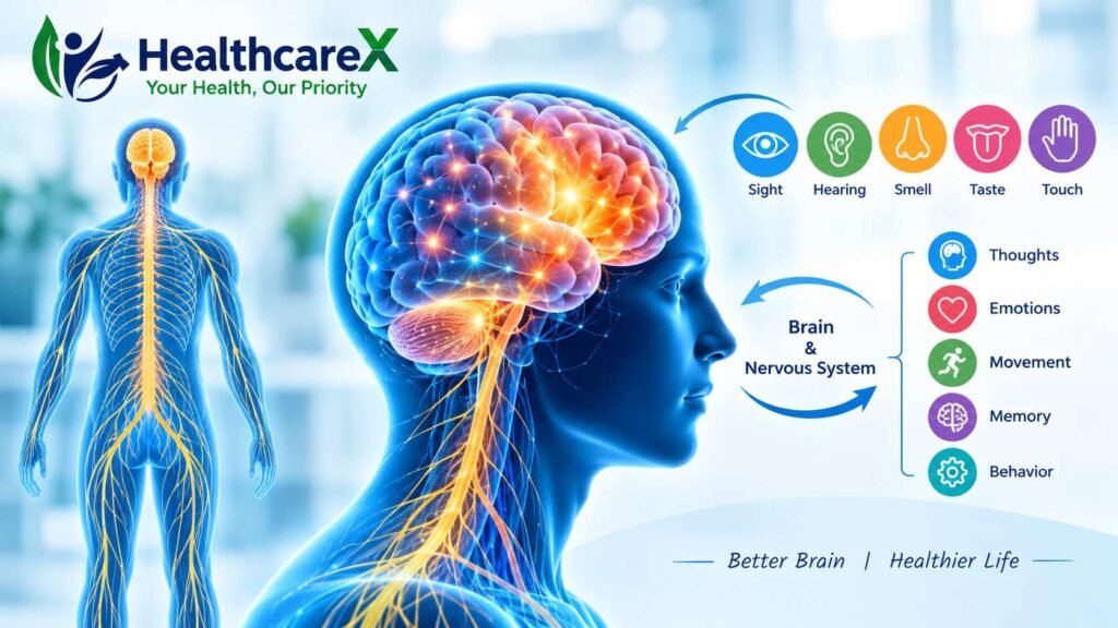 Brain and Nervous System showing sensory functions, emotions, memory and human behavior